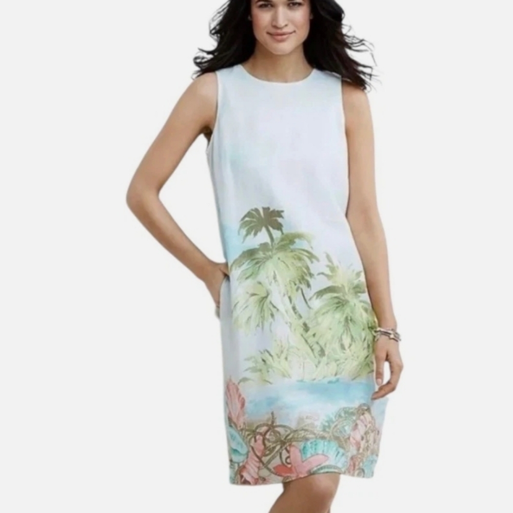 J Jill Love Linen Shift Dress XL Midi Lined Pockets Vacation Tropical Resort